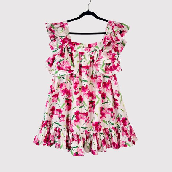 Misa Womens Dress Pink Selma Mini Flutter Floral Square Neck A Line Boho Medium - Picture 2 of 14